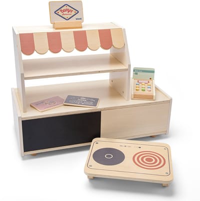 Woet® Houten Mini Restaurant & Winkeltje Speelgoed - Inclusief 3 Dubbelzijdige Thema Bordjes, Pinapparaat en Omkeerbaar Kookplaat/Dienblad - Fantasierijk Rollenspel - Vanaf 3 Jaar