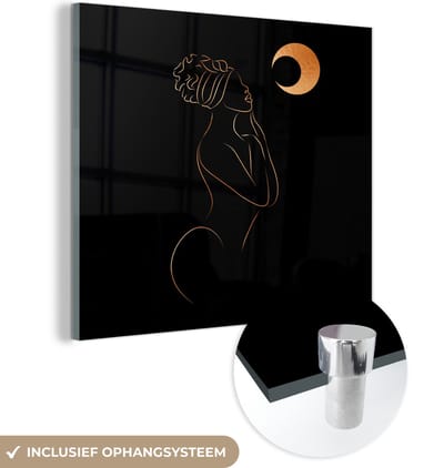 MuchoWow® Glasschilderij 90x90 cm - Schilderij acrylglas - Vrouw - Maan - Goud - Line art - Foto op glas - Schilderijen