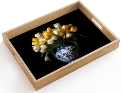 Dienblad hout 40x30 cm - Schootdienblad - Geel - Tulpen - Vaas - Bloemen - Borrelplank rechthoek - Plateau dienbladen