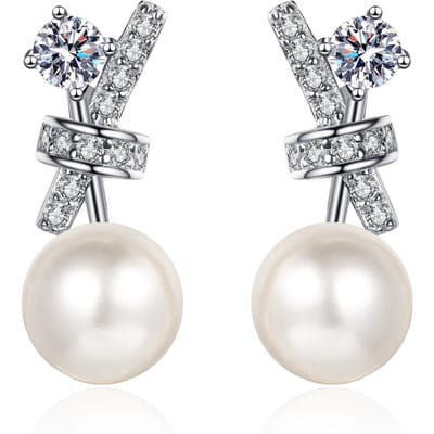 925 Sterling Zilver Moissaniet Diamant Oorbel 8mm Natuurlijke Zoetwater Parel Strik Eenvoudig Schattig Mode Feest Vriendin Cadeau gray