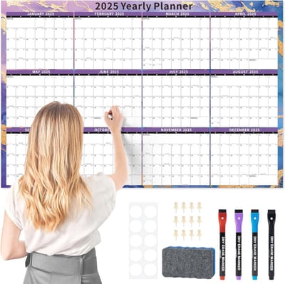 Grote droog uitwisbare wandkalender 2025-2026 - Maandelijkse gelamineerde kalender voor kantoor en gezin - 32" x 48"