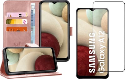 Hoesje geschikt voor Samsung Galaxy A12 - Screen Protector GlassGuard - Book Case Kunstleer Pasjeshouder Rosegoud & Screenprotector