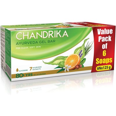 Chandrika Glycerine Ayurveda Gel Zeepblok| Glycerine Badzeep met Jojobaolie voor Gehydrateerde Huid| Voor Alle Huidtypen| 125g (Pak van 6)