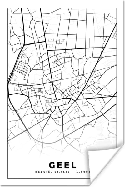 Poster België – Geel – Stadskaart – Kaart – Zwart Wit – Plattegrond - 120x180 cm XXL