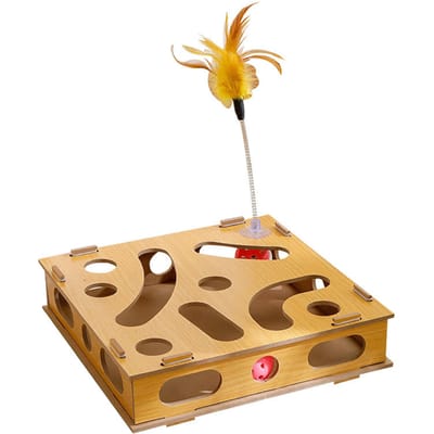 Kattenspeelgoed Puzzeldoos Klauwslijpen Interactief Interessant Kattenspeldoos met Kattenpluimstok en beige