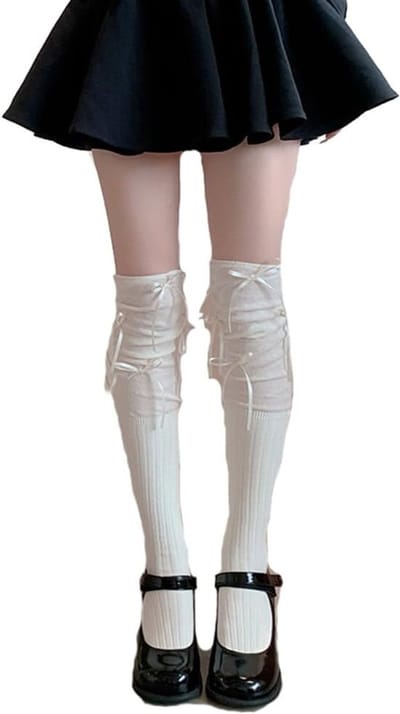 Dames kniekousen met meerdere strikken, katoenen winterkousen, gestreept en patchwork, hoge sokken voor dames en meisjes