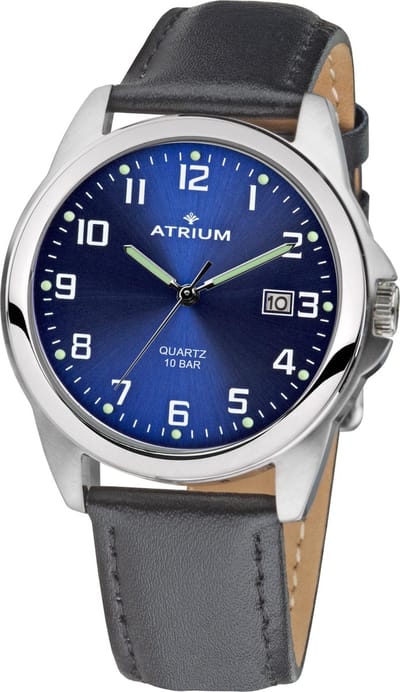 ATRIUM Horloge - Heren - Zilverkleurig - 10 bar Waterdicht - Zwart leren band (16,5-21,5 cm) - Donkerblauwe Wijzerplaat - Datum - Edelstaal - Duidelijk - Quartz Uurwerk - Edelstalen Sluiting - A16-15