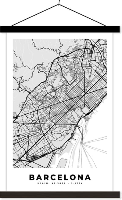 Posterhanger incl. Poster 40x60 cm - Schoolplaat - Barcelona - Stadskaart - Plattegrond - Zwart Wit - Kaart - Textielposter - Zwarte latten - Stadskaart