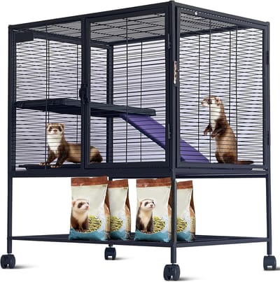 Knaagdierenkooi op Wielen - 4 Verdiepingen - Voor Fret, Chinchilla, Cavia & Hamster - Inclusief Hangmat & Uitneembare Lade - ca. 91 cm Hoog