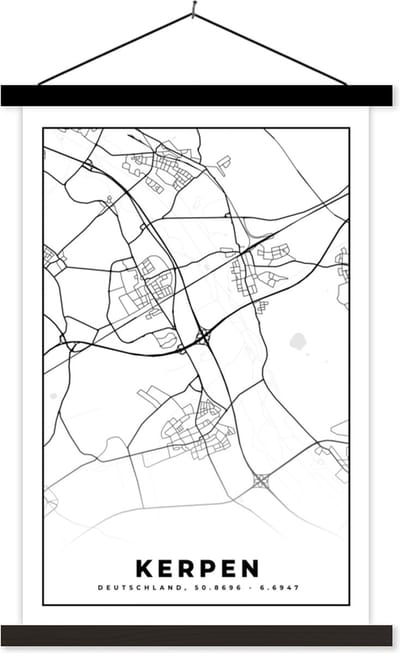 Posterhanger incl. Poster 40x60 cm - Schoolplaat - Kerpen - Plattegrond - Kaart - Stadskaart - Textielposter - Zwarte latten - Stadskaart