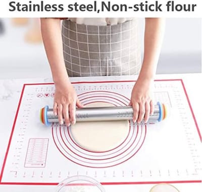 Famanu – RVS verstelbare deegroller met siliconen ringen, bakmat, borstel en deegschraper – perfect voor pizza en cake