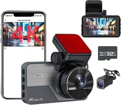 4K + 2K Full HD Dash Cam, voor- en achterkant, groothoek, nachtzicht, 24/7 parkeermodus, ingebouwde wifi, 3 inch scherm, 32 GB