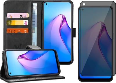 Hoesje geschikt voor Oppo Reno 8 - Privacy Screenprotector Volledig Dekkend Glas - Portemonnee Book Case Zwart