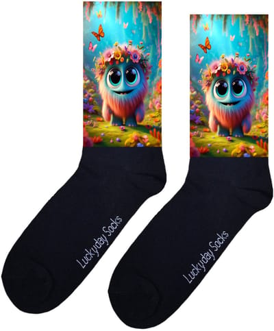 Luckyday Socks - Unisex sokken - Oranje monstertje - Bloemen - Verjaardag cadeau - Grappige sokken - Opkikker - Beterschap - Maat 37-44