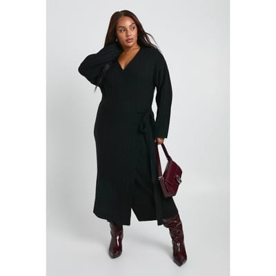 boohoo Dames Plus Lichtgewicht Mixed Rib Wrap Jurk | Zwart | Maat: 48-50