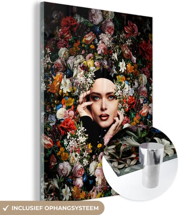 MuchoWow® Glasschilderij 30x40 cm - Schilderij acrylglas - Bloem - Vrouwen - Portret - Botanisch - Foto op glas - Schilderijen
