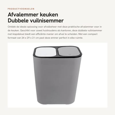 Dailygoods- Afvalemmer met klapdeksel - Dubbele Vuilnisemmer - Kunststof Afvalemmer - Recyclingcontainer - Papiermand - Compacte Afvalbak - Vuilnisbak