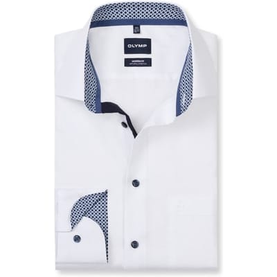 OLYMP Luxor modern fit overhemd - popeline - wit met blauw contrast - Strijkvrij - Boordmaat: 42 (EU maat: L)
