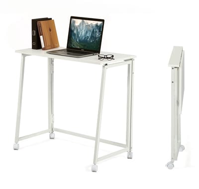 MEUBLES COSY Opvouwbaar bureau – Laptoptafel met 4 wielen – Voor kleine ruimtes – Industrieel metaal frame – Wit