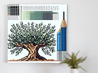 Pixel art olijfboom schilderij | Prisma van de natuur: sprankelende olijfboom in pixel art | Kunst - 20x20 centimeter op Canvas | Foto op Canvas