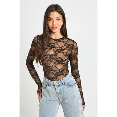boohoo Dames Kanten Bodysuit Met Lange Mouwen | Zwart | Maat: 34
