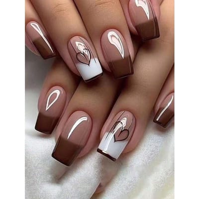 Middelgrote Vierkante Kunstnagels - Met Bruin French White Ombre Hartjespatroon Ontwerp, Veelzijdige Stijlen, Modieuze Nail Art, black