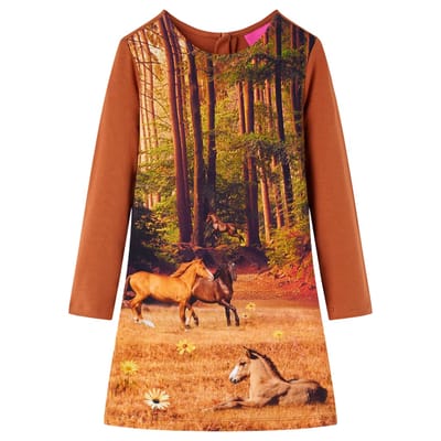 vidaXL-Kinderjurk-met-lange-mouwen-paardenprint-128-cognackleurig