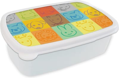 Broodtrommel Wit - Lunchbox - Brooddoos - Dieren - Patronen - Kinderen - Regenboog - 18x12x6 cm - Volwassenen