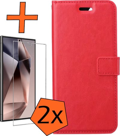 Hoes - Met 2x Screenprotector - Geschikt voor Samsung Galaxy S24 Ultra - Luxe Pasjeshouder - Bookcase Portemonee - Flip Case - Kunstleer Book Case - Flipcase Hoes - Book Cover - Walletcase - PortemonneeHoes - Rood
