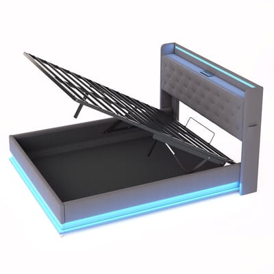COVREO Bedframe 160x200 cm - grijs stof, LED, opbergruimte, zonder matras