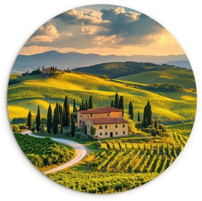 WallCircle® Wandcirkel 120x120 cm - Muurcirkel Toscane - Landschap - Wijngaarden - Muurdecoratie woonkamer - Wanddecoratie slaapkamer - Kamer decoratie accessoires - Ronde schilderijen XXL