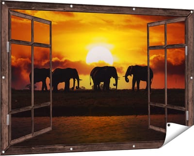 Gards Tuinposter Doorkijk Silhouet Olifanten tijdens Zonsondergang - 150x100 cm - Tuindoek - Tuindecoratie - Wanddecoratie buiten - Tuinschilderij