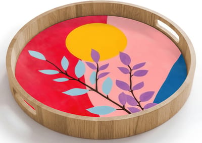Dienblad rond 40x40 cm - Schootdienblad hout - Bladeren - Zon - Abstracte vormen - Borrelplank rechthoek - Plateau houten dienbladen
