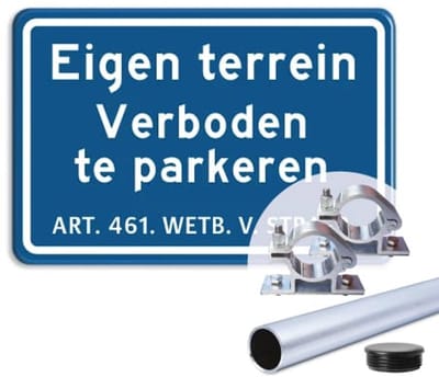 Bord Eigen Terrein - Verboden te parkeren - blauw - Weerbestendig Aluminium - 30x45 cm - Bevestiging: Met paal 150 cm + paalbeugels + paaldop