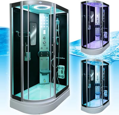 Complete Gesloten Douchecabine 120X80X215 Fiona LINKS. MENGKRAAN. Luxe, Kit-Vrij, Zwarte, Veiligheidsglas, LED, Radio, Speakers, Zitje, Massage, Hoekmodel, Kwartrond, Schuifdeuren, Douchebak, Afvoer, Sifon, Verschillende, Full Options. Royal Sanitair