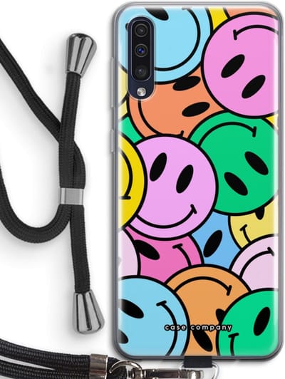 Case Company® - Hoesje met koord geschikt voor Samsung Galaxy A50 hoesje met Koord - Smiley N°1 - Telefoonhoesje met Zwart Koord - Bescherming aan alle Kanten en Over de Schermrand