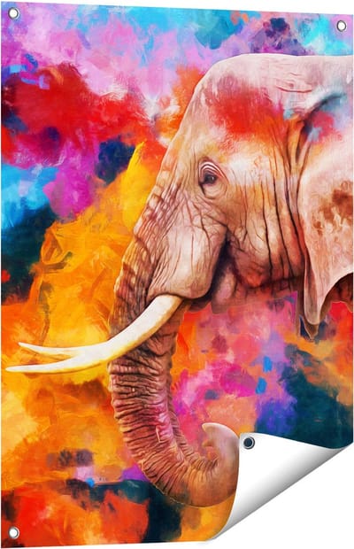 Gards Tuinposter Kleurrijke Olifant - Abstract - 60x80 cm - Tuindoek - Tuindecoratie - Wanddecoratie buiten - Tuinschilderij