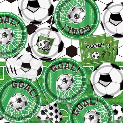 Dailygoods- Voetbalfeestdecoraties voor 20 gasten - Voetbalbanner - Dinerborden/ dessertborden - Servetten - Kopjes - Tafelkleden/ voetbalveld tafelkleed - Voetbalservies