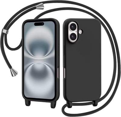 YPCd Crossbody Hoesje Geschikt voor Apple iPhone 16 – TPU & Siliconen Backcover – Verstelbaar Koord – Schokbestendige Bescherming – Zwart