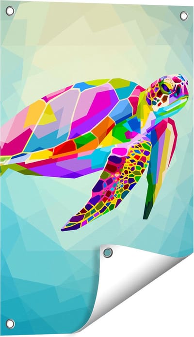 Gards Tuinposter Kleurrijke Schildpad in het Water - 40x60 cm - Tuindoek - Tuindecoratie - Wanddecoratie buiten - Tuinschilderij