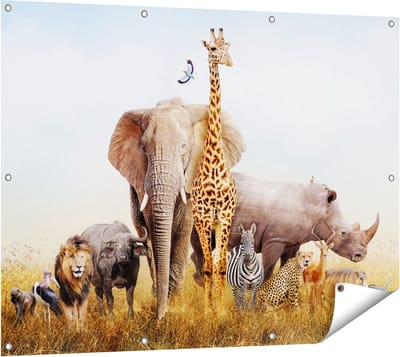 Gards Tuinposter Afrikaanse Dieren op het Gras - Afrika - 120x90 cm - Tuindoek - Tuindecoratie - Wanddecoratie buiten - Tuinschilderij