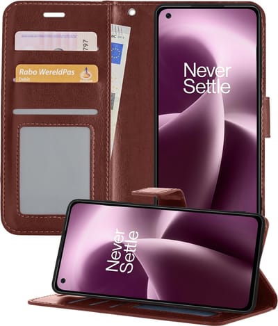 Hoesje - Met Pasjeshouder - Geschikt voor OnePlus Nord 2T - Luxe Bookcase Portemonee - Flip Case - Kunstleer Book Case - Flipcase - Book Cover - Walletcase - Portemonneehoes - Telefoonhoesjes - Bruin