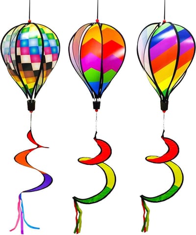 Set van 3 kleurrijke luchtballon windspinner voor de tuin - Regenboog windmolen met glinsterende sequins en draaiende effecten voor sfeervolle buitendecoratie