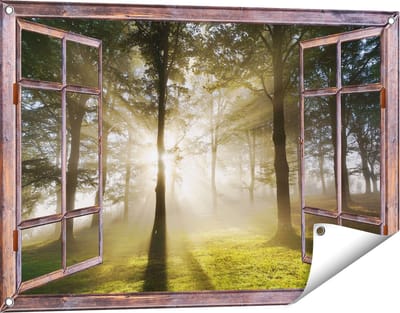 Gards Tuinposter Doorkijk Zon tussen de Bomen - 90x60 cm - Tuindoek - Tuindecoratie - Wanddecoratie buiten - Tuinschilderij