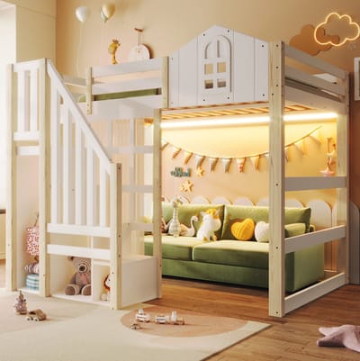 COVREO Hoogslaper 140x200 cm wit en naturel met LED en opbergruimte