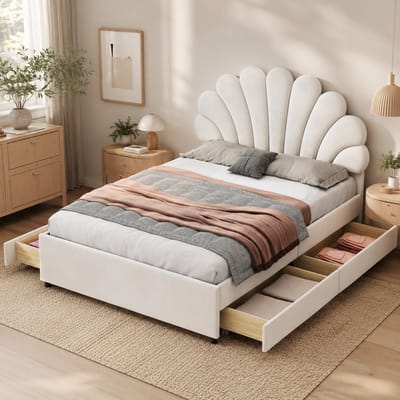 Gestoffeerd bed 140x200 cm - Tweepersoonsbed 140x200 cm - Hoofdbord met Fluwelen stof - Bloemblad-vormig hoofdbord - Houten Lattenbodem - Met Opbergruimte - Beige