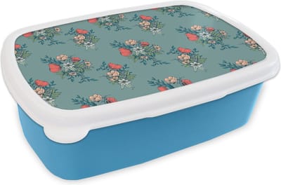 Broodtrommel Blauw - Lunchbox - Brooddoos - Boeket - Patronen - Bloemen - Klaproos - 18x12x6 cm - Kinderen - Jongen