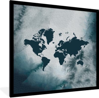 Poster in lijst - Fotolijst 40x40 cm - Posters - Wereldkaart - Aquarel - Blauw - Posterlijst zwart - Decoratie - Wanddecoratie woonkamer - Muurdecoratie slaapkamer