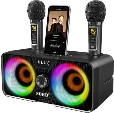 White-Label® Karaoke set voor Volwassenen en Kinderen met 2 Microfoons - Karaokesets Draadloos met Bluetooth Speaker - Zwart met Disco Lampen