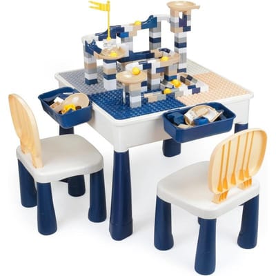 Alles-in-één Kindertafel en Stoelen Set met 100 STUKS Knikkerbaan Activiteit voor Kleuterschool Tafel voor Peuters Kinderspeelgoed Bouwstenen gray